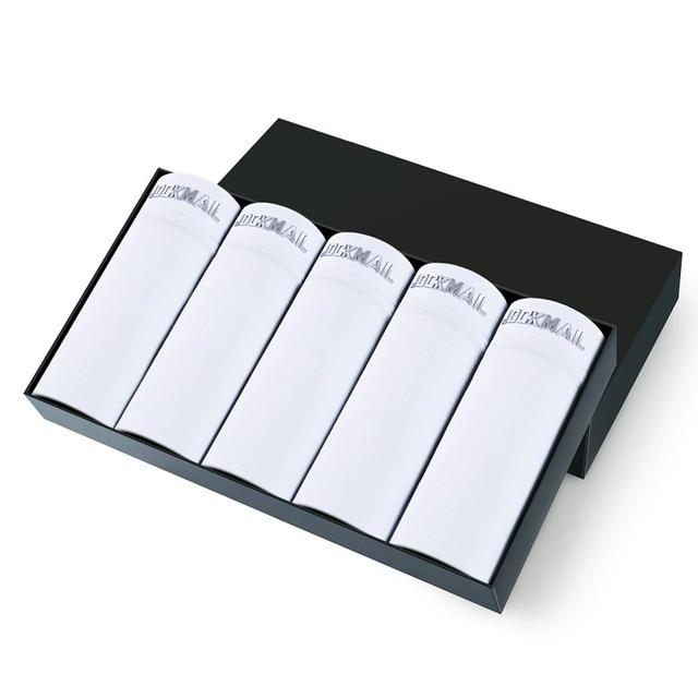 Five white Jockmail boxer briefs arranged in an open black presentation box