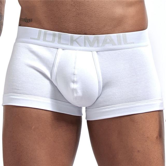 Front view of white Jockmail boxer briefs with a wide branded waistband
