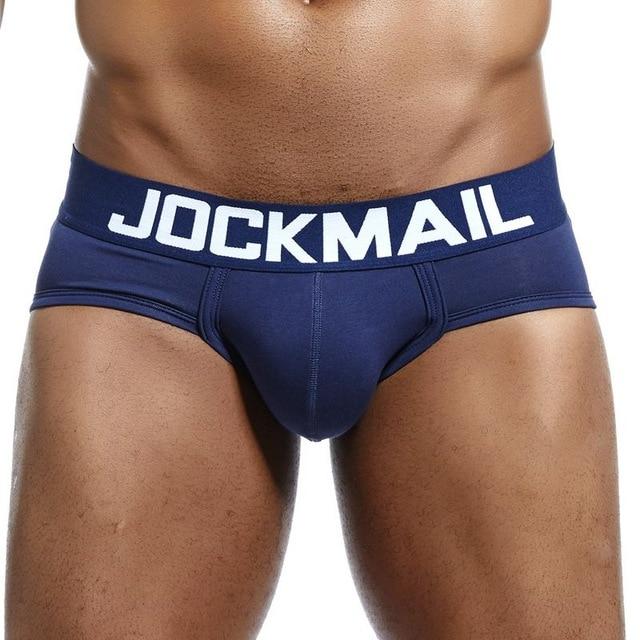 Front view of navy low-rise briefs with a white JOCKMAIL logo waistband
