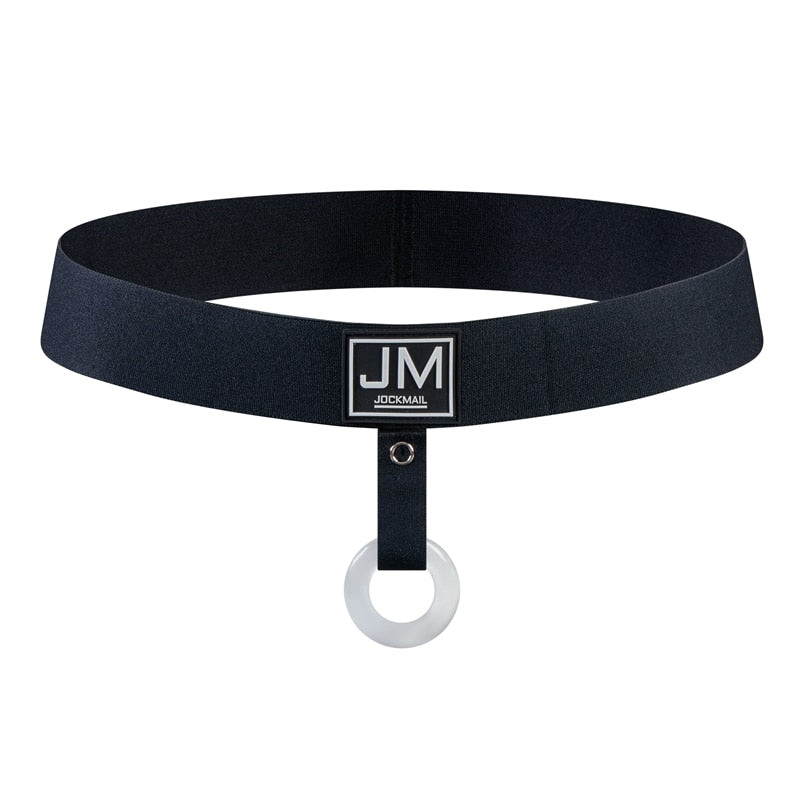 Black Jockmail cockstrap with a white cock ring, shown against a white background