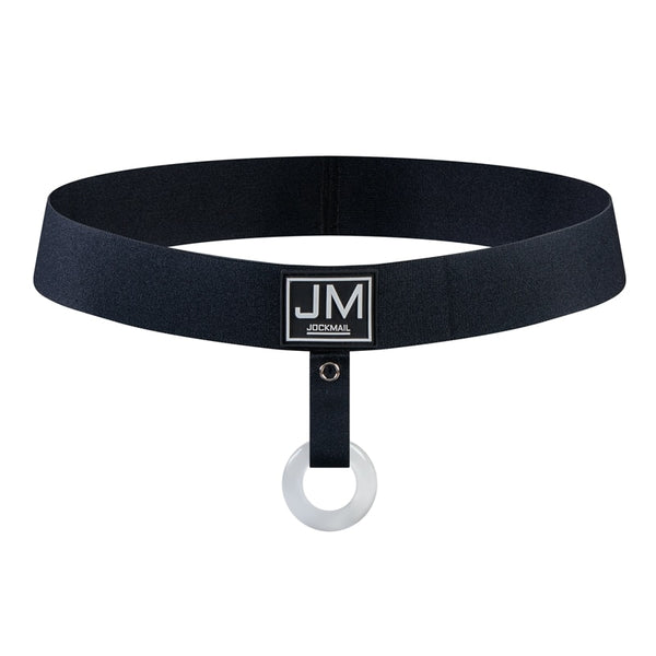 Black Jockmail cockstrap with a white cock ring, shown against a white background