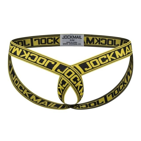 Black and yellow Jockmail elastic cockstrap arranged flat with crossed front straps