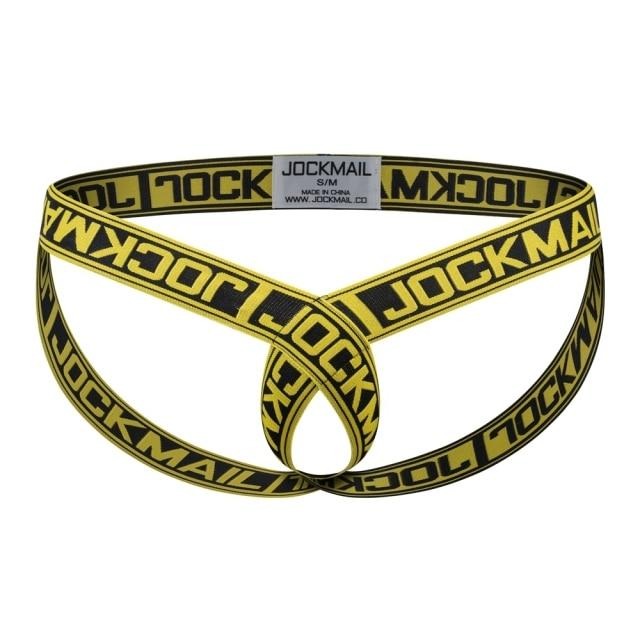 Black and yellow Jockmail elastic cockstrap arranged flat with crossed front straps