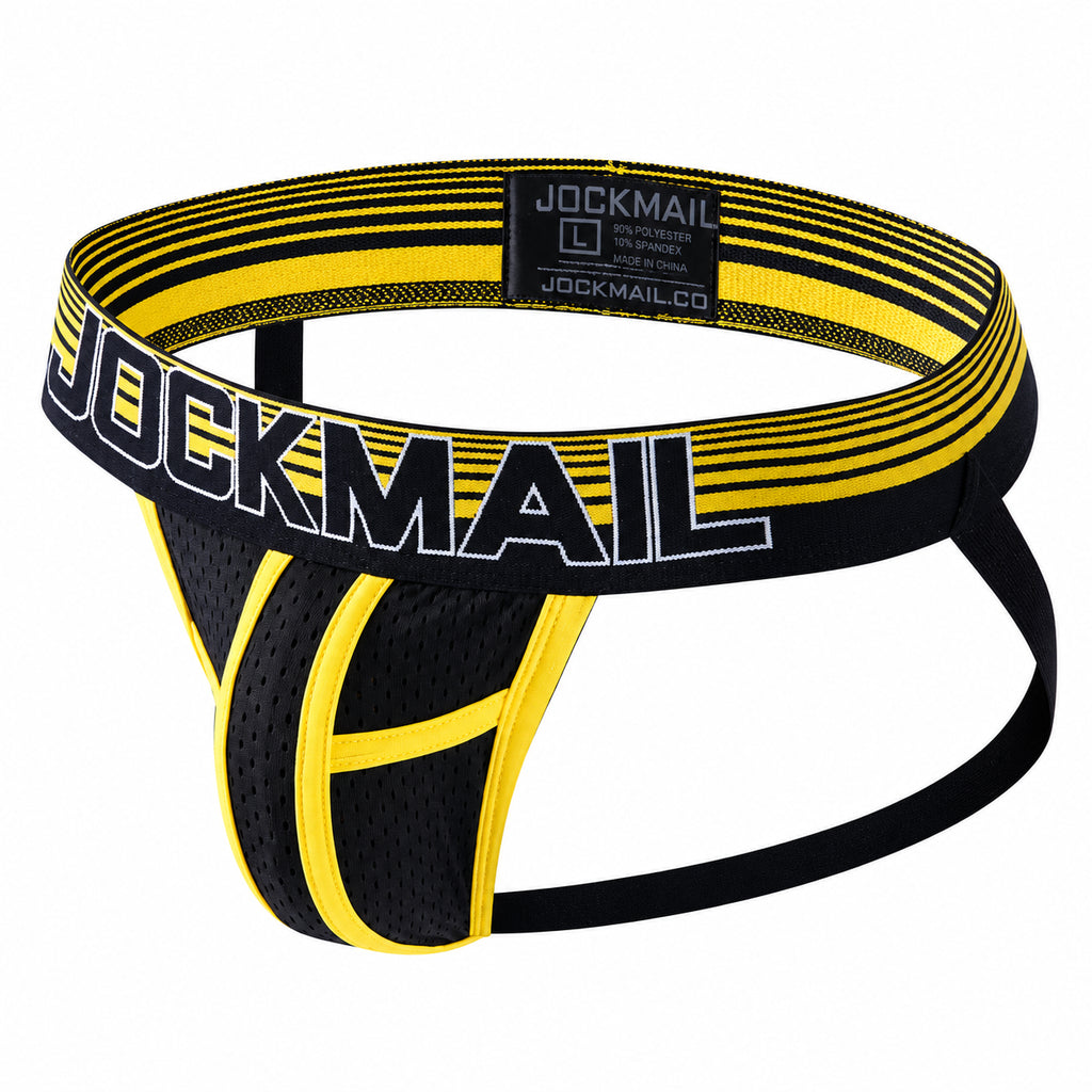 Black and yellow Jockmail jockstrap shown at a three-quarter angle