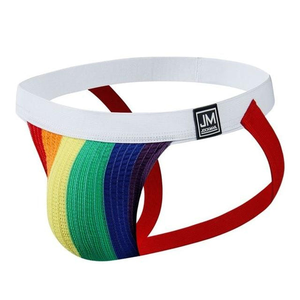 Rainbow Pride jockstrap with white waistband and red leg straps
