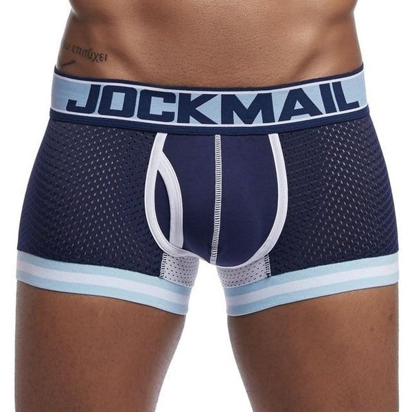 Front close-up of navy mesh boxers with white trim and JOCKMAIL waistband