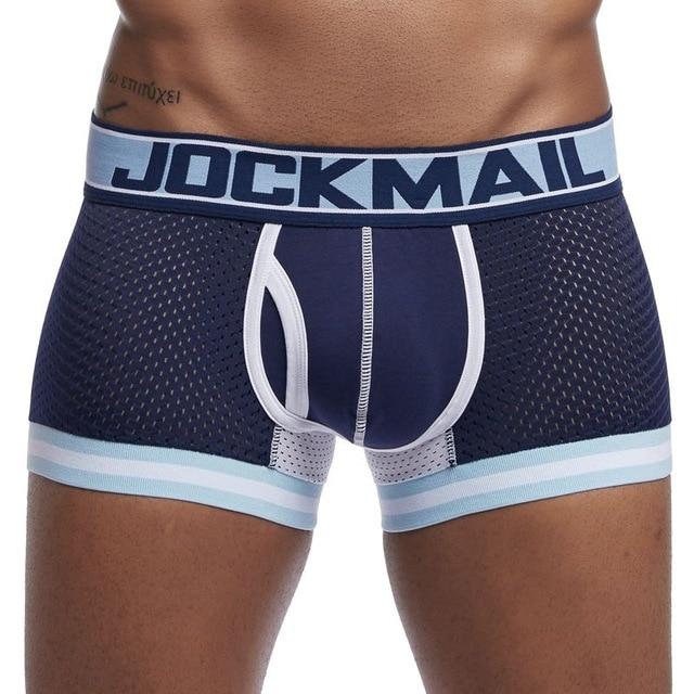 Front close-up of navy mesh boxers with white trim and JOCKMAIL waistband