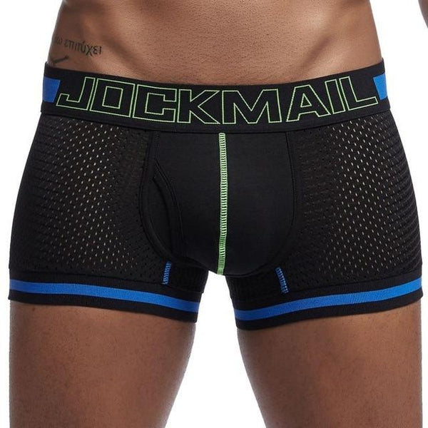 Black mesh boxer briefs with blue trim and a neon green JOCKMAIL waistband