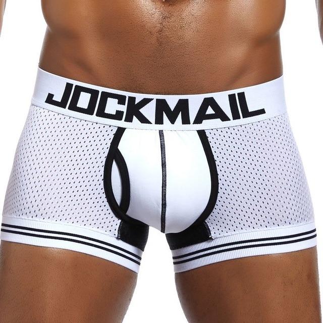 White mesh boxer briefs with black JOCKMAIL waistband, pouch, and striped leg bands