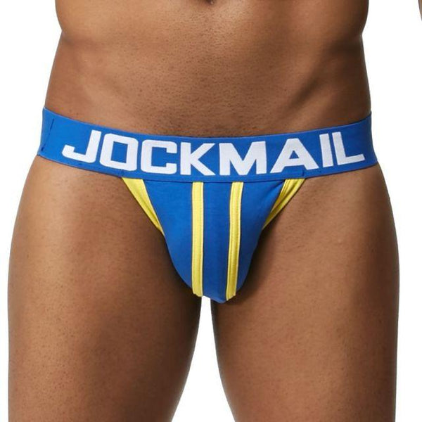 Blue jockstrap with yellow contrast stripes and a wide JOCKMAIL waistband