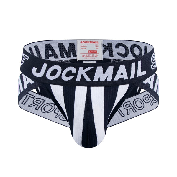 Front view of black-and-white striped jock briefs with JOCKMAIL lettering and strap details