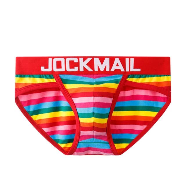 Front view of rainbow-striped briefs with a red JOCKMAIL waistband