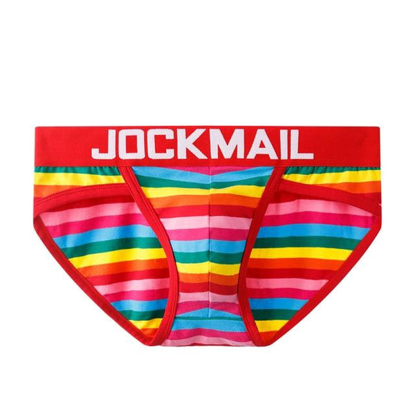 Front view of rainbow-striped briefs with a red JOCKMAIL waistband