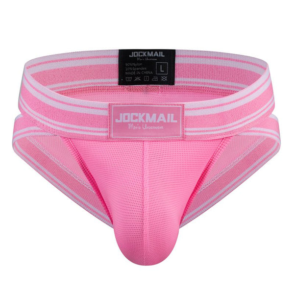 Front view of bright pink mesh briefs with white striped trim and a Jockmail label
