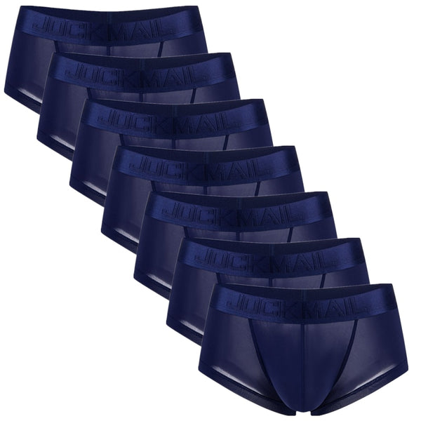 Seven navy ultra-thin mesh boxer briefs arranged diagonally, with branded waistbands