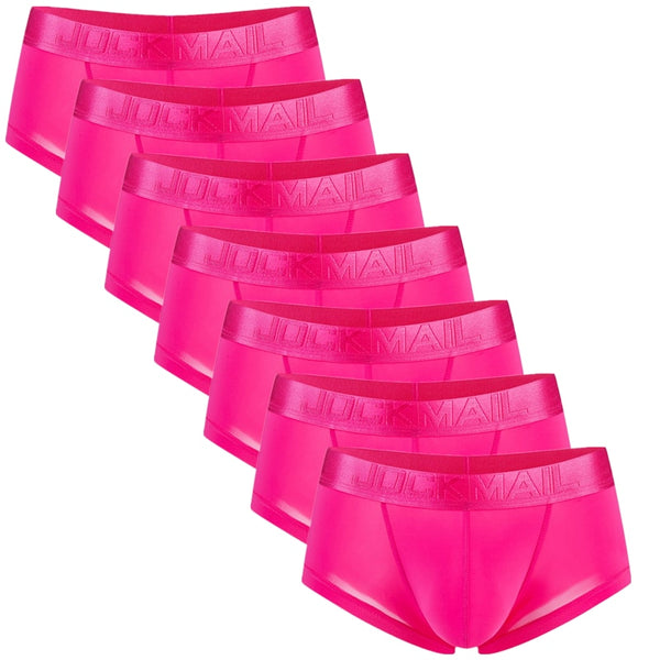 Seven bright pink boxer briefs arranged diagonally, each with a branded elastic waistband