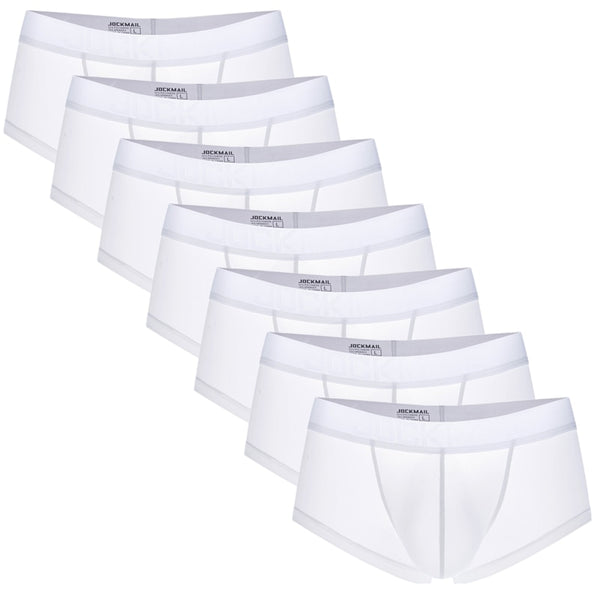 Seven white Jockmail boxer briefs arranged in a diagonal product display