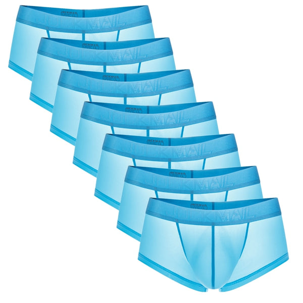 Seven light-blue boxer briefs arranged diagonally, showing elastic Jockmail waistbands