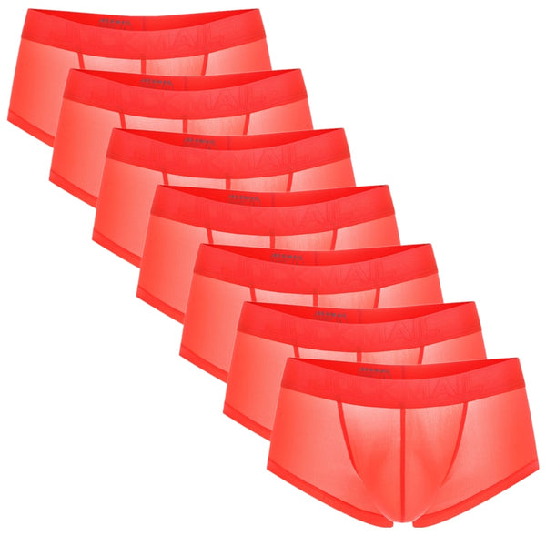 Seven red ultra-thin boxer briefs arranged diagonally on a white background