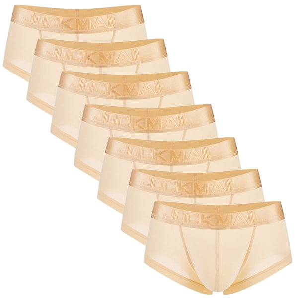 Seven beige Jockmail boxer briefs arranged diagonally, each with a wide branded waistband