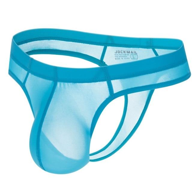 Turquoise sheer mesh thong with open sides and pouch, shown from the front