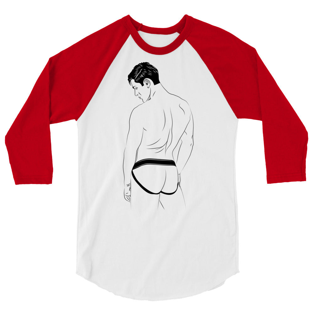 White and red raglan shirt with a back-view man wearing a black jockstrap graphic