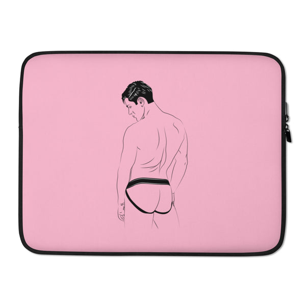 Jockstrap Laptop Sleeve with a man in underwear, held by a stylish person in black mesh and leather backstage under colorful lights.
