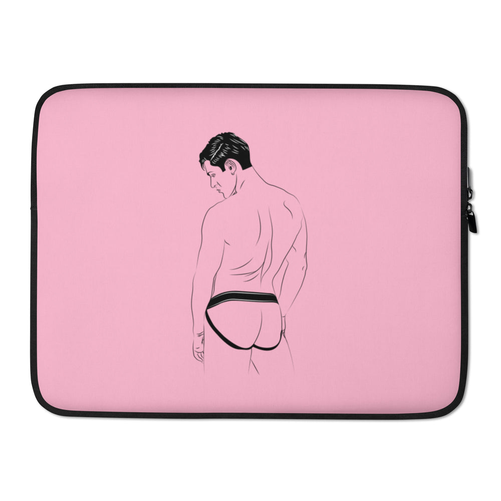 Jockstrap Laptop Sleeve with a man in underwear, held by a stylish person in black mesh and leather backstage under colorful lights.