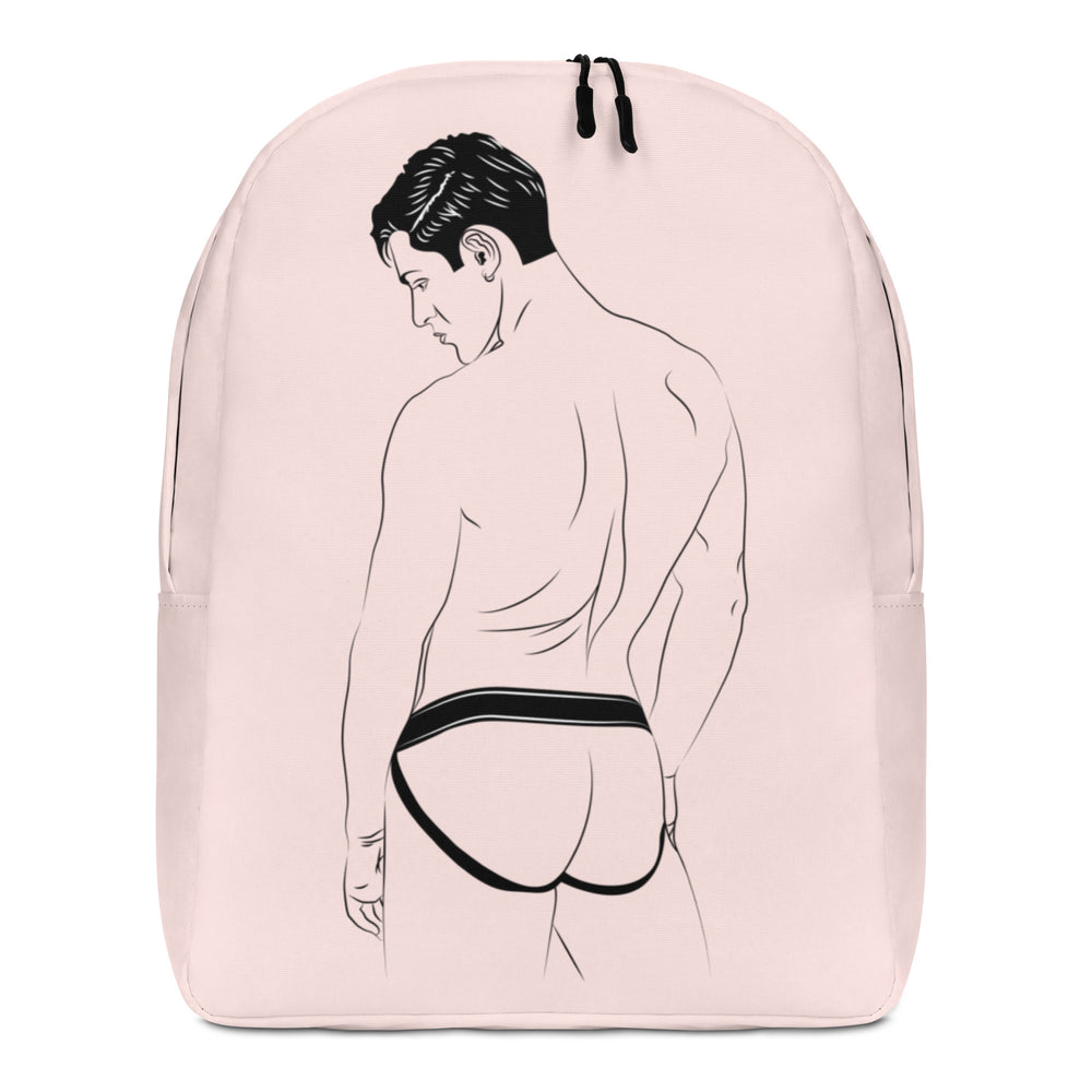 Front-view pale pink backpack with black-and-white illustration of a shirtless man in a jockstrap