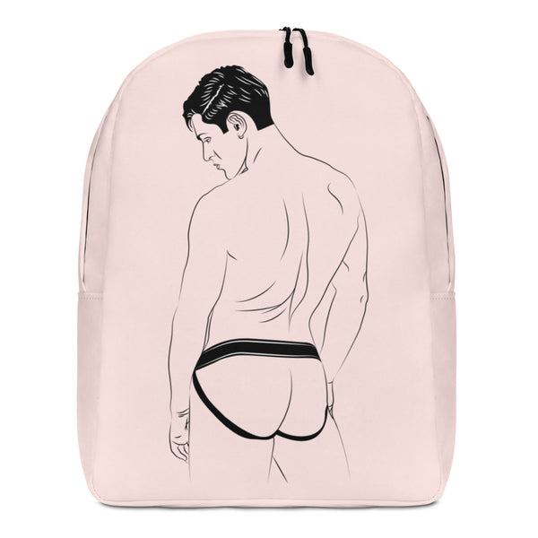 Front-view pale pink backpack with black-and-white illustration of a shirtless man in a jockstrap