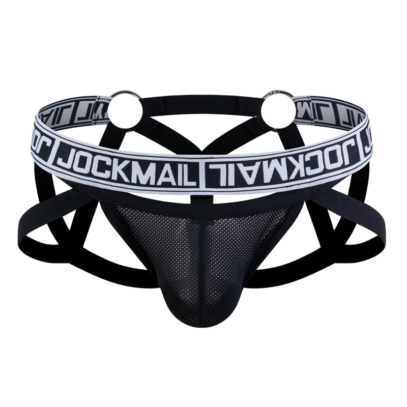 Front view of a black mesh jockstrap with wide JOCKMAIL waistband and circular strap hardware