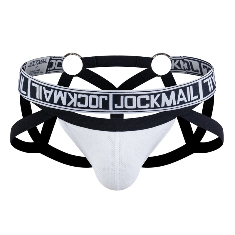 Front view of a black-and-white jockstrap with multiple straps and a white pouch