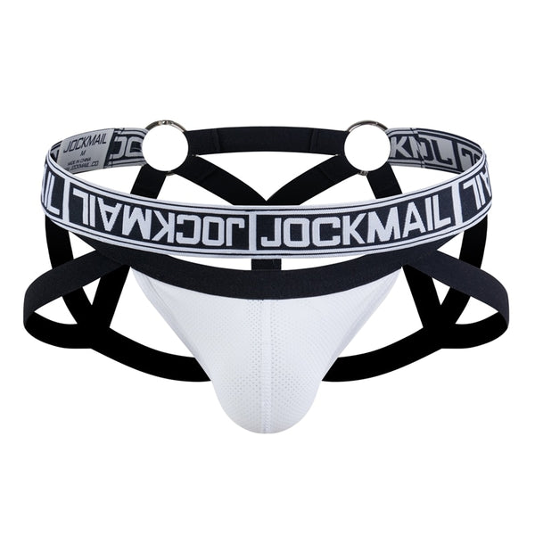 Front view of a black-and-white jockstrap with multiple straps and a white pouch