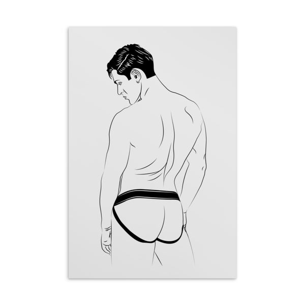 Jockstrap Postcard shows a black and white outline of a man in a jockstrap from behind on bold, vibrant diagonal stripes—queer vibes.