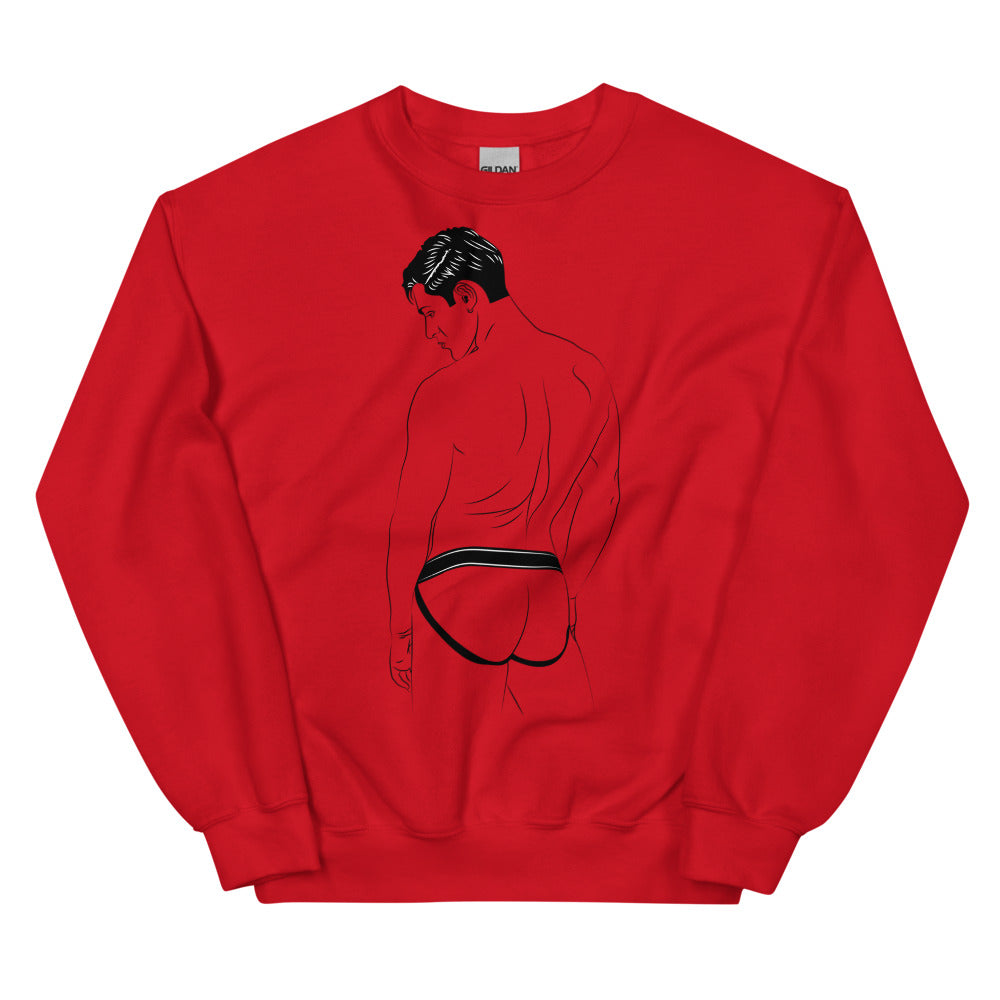 Red crewneck sweatshirt with a black line drawing of a man viewed from behind in a jockstrap