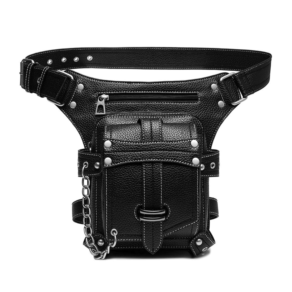 Front view of a black faux-leather crossbody fanny pack with multiple pockets, studs, and chain