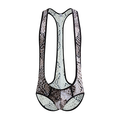 Camo-print wrestling jockstrap bodysuit with deep armholes and open sides