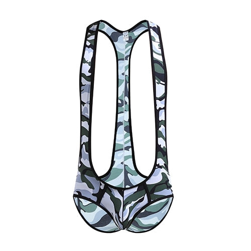 Camo wrestling jockstrap bodysuit with deep scoop armholes and contrasting black trim