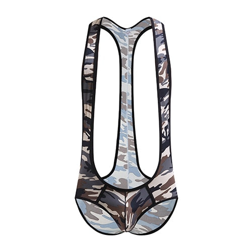 Camo wrestling jockstrap bodysuit with deep armholes and high-cut legs
