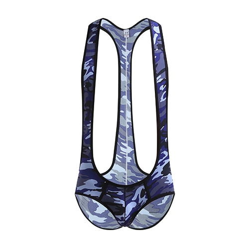 Blue and gray camouflage wrestling jockstrap bodysuit with deep armholes and open sides