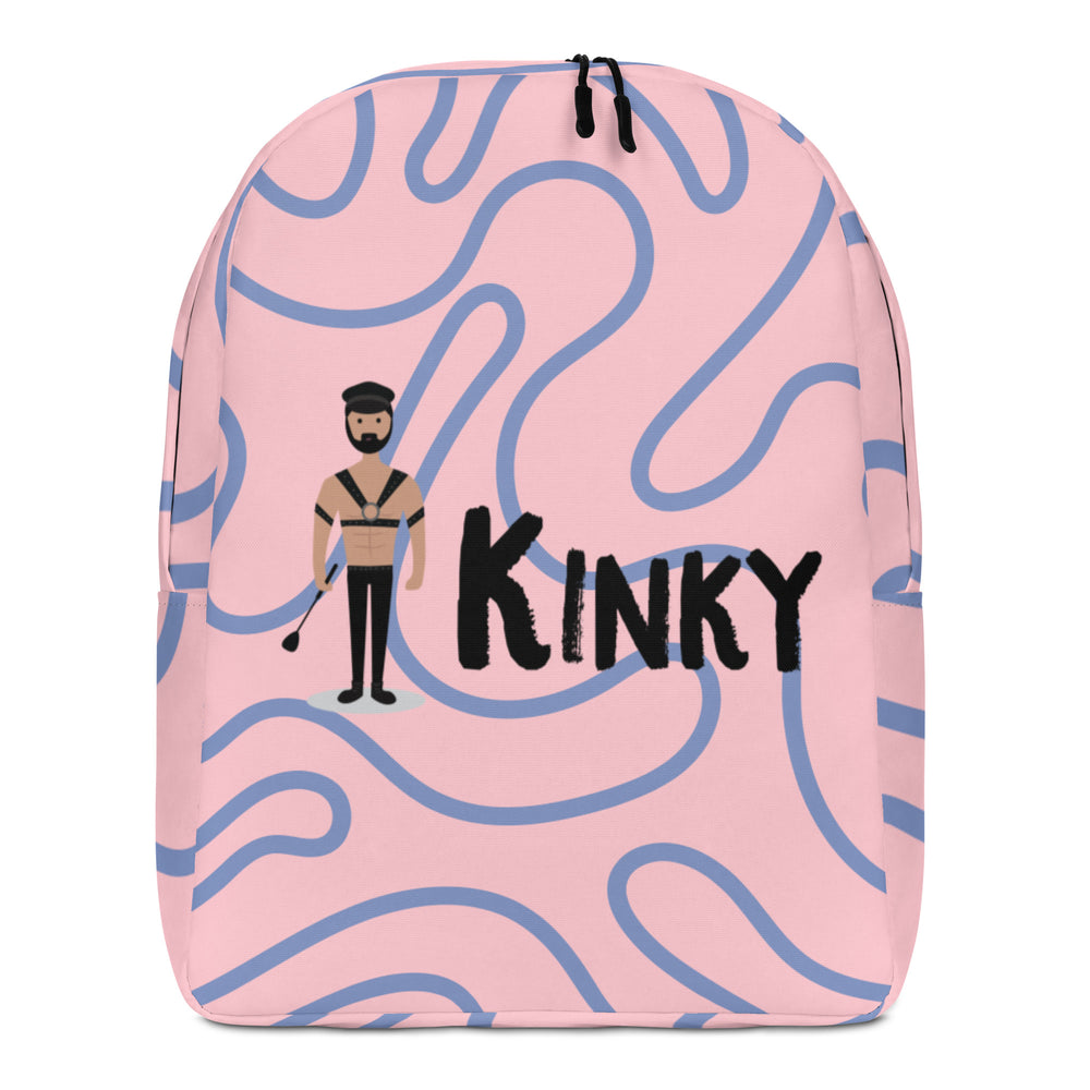 Front-facing pink backpack with blue squiggles, a leather-clad figure, and bold “KINKY” text