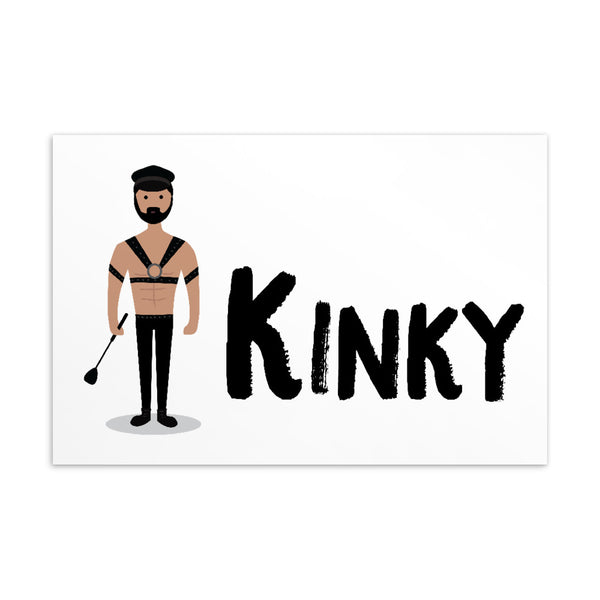 Illustrated postcard showing a bearded person in black harness gear beside the word “KINKY”
