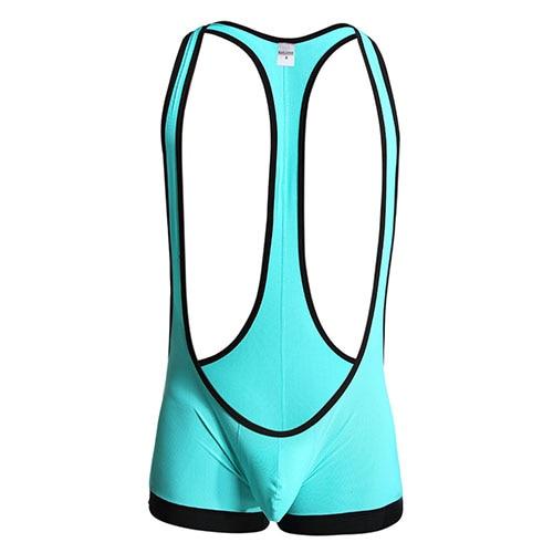 Turquoise wrestling bodysuit with black trim and deep scoop-back straps