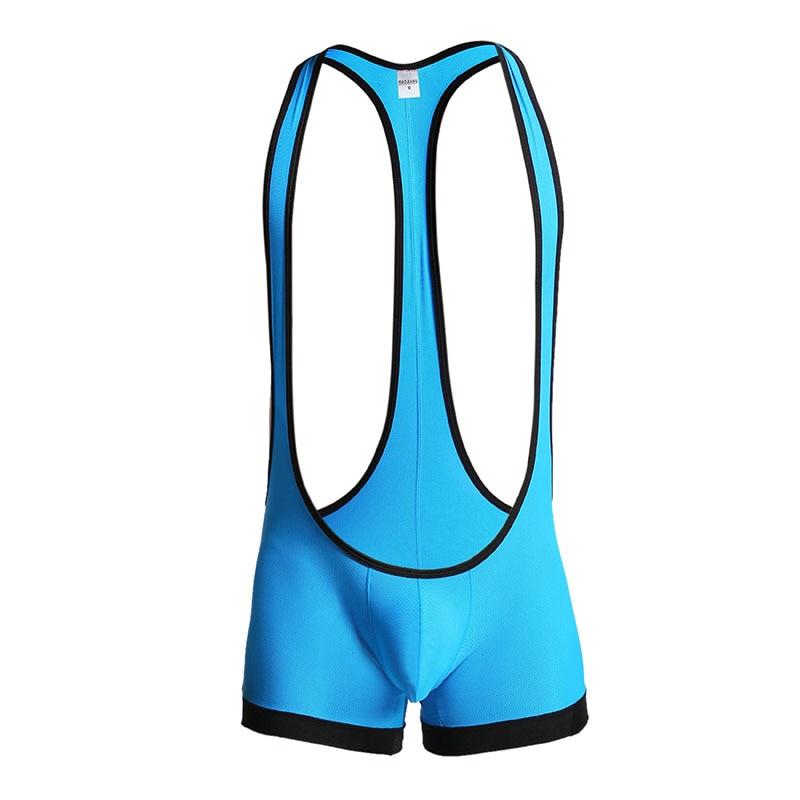 Bright blue wrestling bodysuit with black trim and deep open sides
