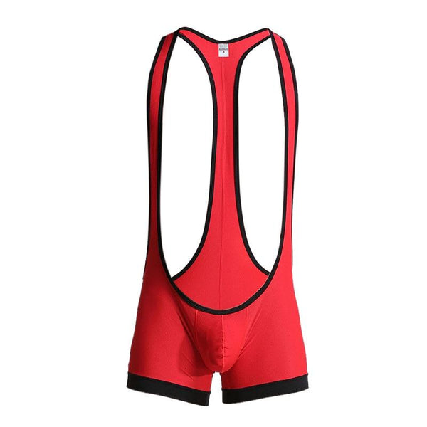 Red wrestling-style bodysuit with black trim and large open side panels