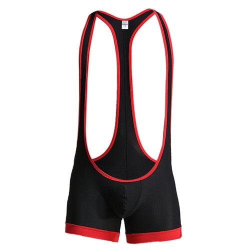 Black wrestling bodysuit with red trim, deep racerback and short legs