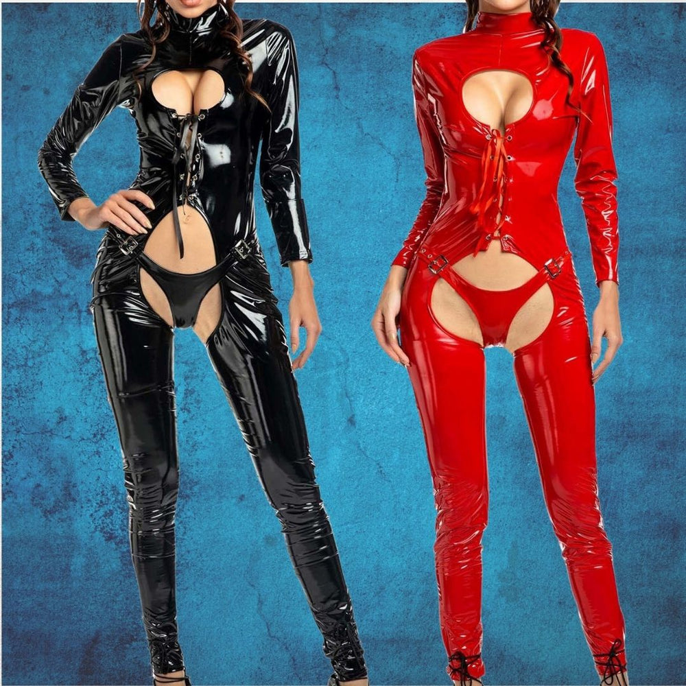Models wearing glossy black and red open-crotch bodysuits with thigh straps and chest cutouts