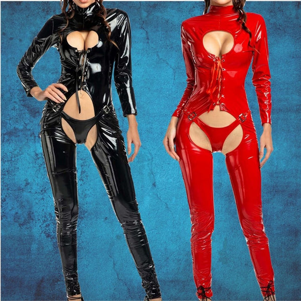 Models wearing glossy black and red open-crotch bodysuits with thigh straps and chest cutouts