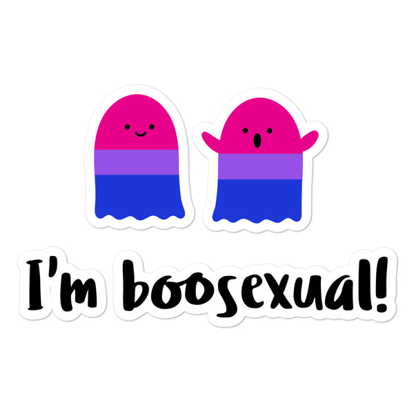 Boosexual bubble-free sticker sheet with two pink, purple, and blue cartoon characters and “I’m boosexual!” text
