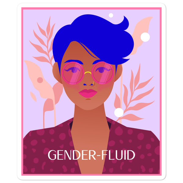 Gender-fluid sticker featuring a portrait with blue hair, pink glasses, and “GENDER-FLUID” text